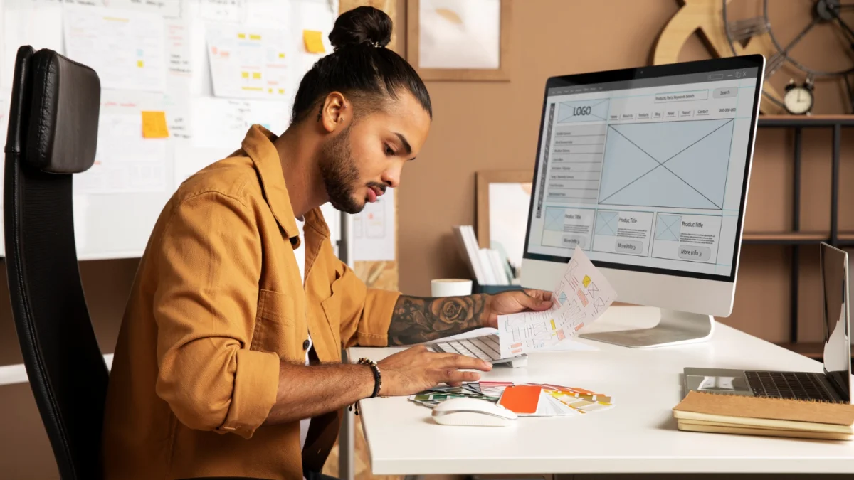 Graphic designer at desk creating wireframes